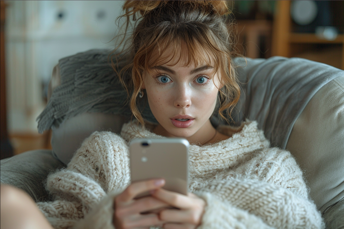 A woman staring at her phone in shock | Source: Midjourney