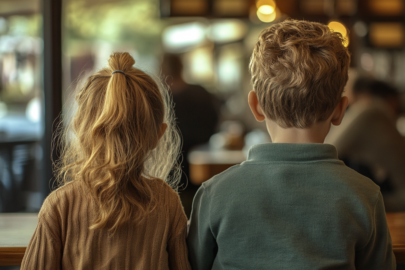 Two kids sitting in a cafe | Source: Midjourney