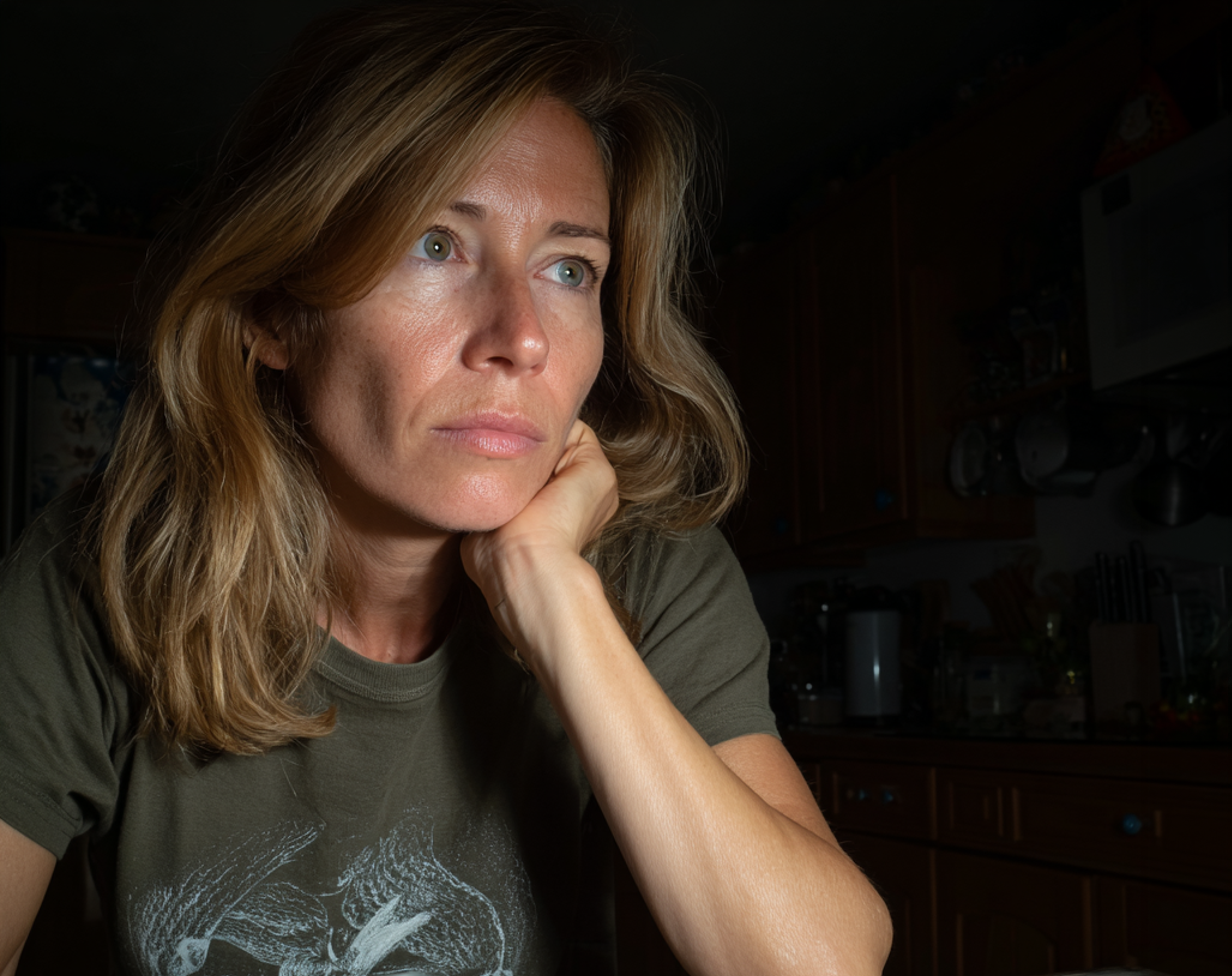 A pensive woman sitting at a table | Source: Midjourney