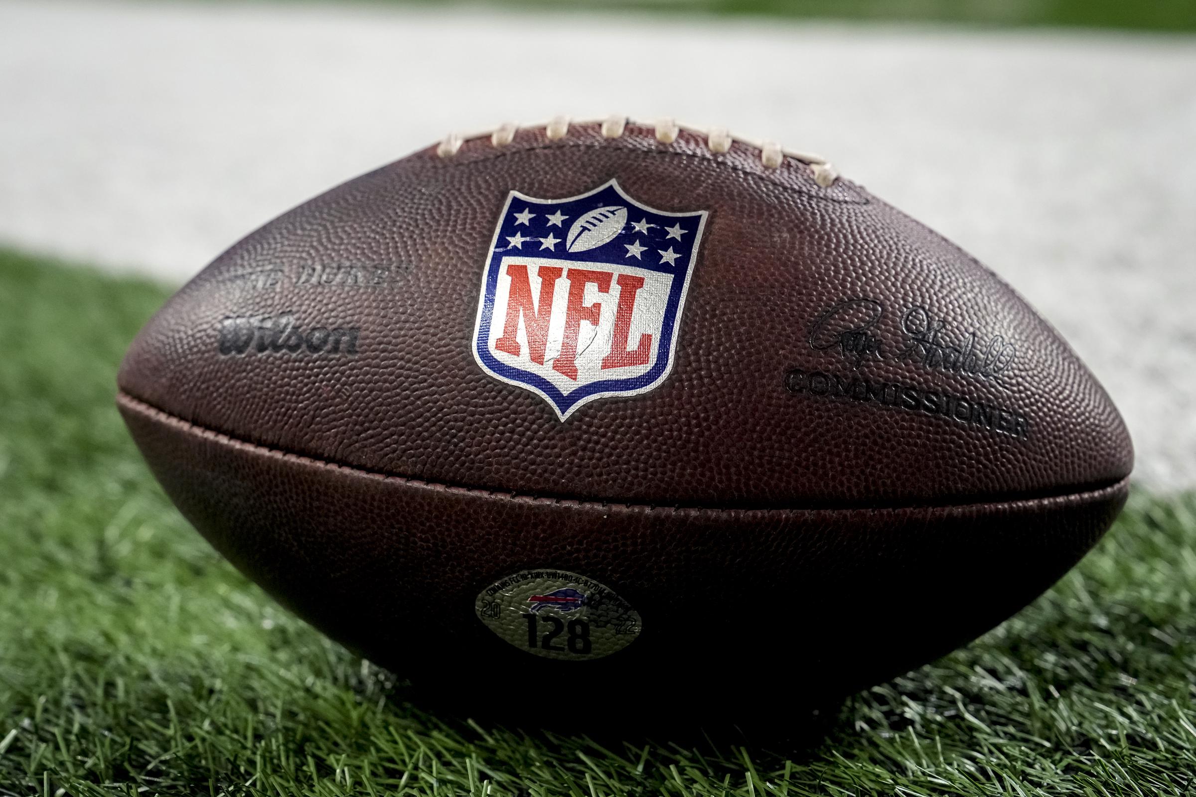 A close-up view of a Wilson brand NFL football on a field in Detroit, Michigan on December 15, 2024 | Source: Getty Images