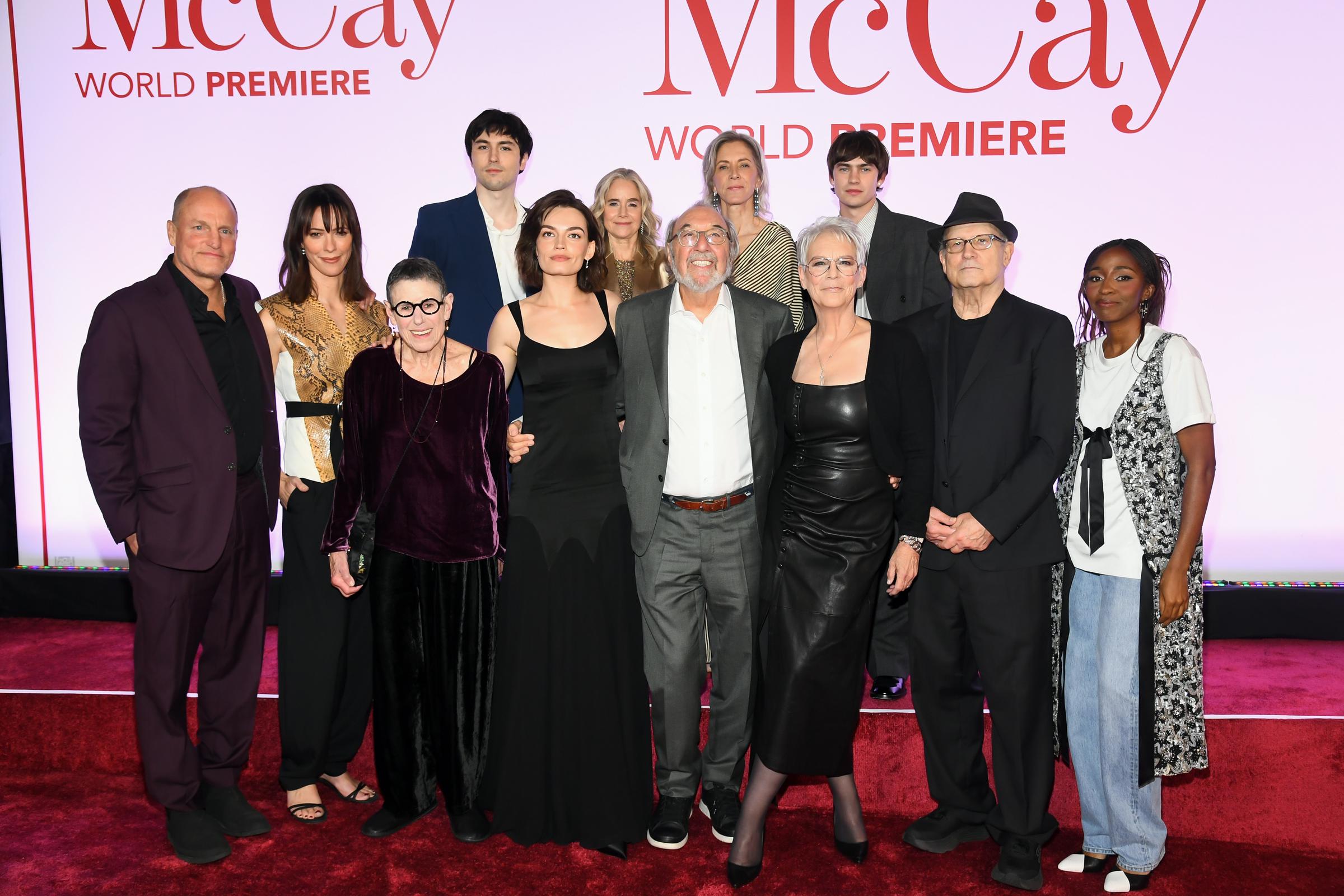 Woody Harrelson, Rebecca Hall, Julie Kavner, Joey Brooks, Emma Mackey, Julie Ansell, James L. Brooks, Jennifer Simchowitz, Jamie Lee Curtis, Spike Fearn, Albert Brooks, and Ayo Edebiri attend the world premiere of 20th Century Studios' "Ella McCay" at the El Capitan Theatre on December 9, 2025 in Hollywood, California | Source: Getty Images