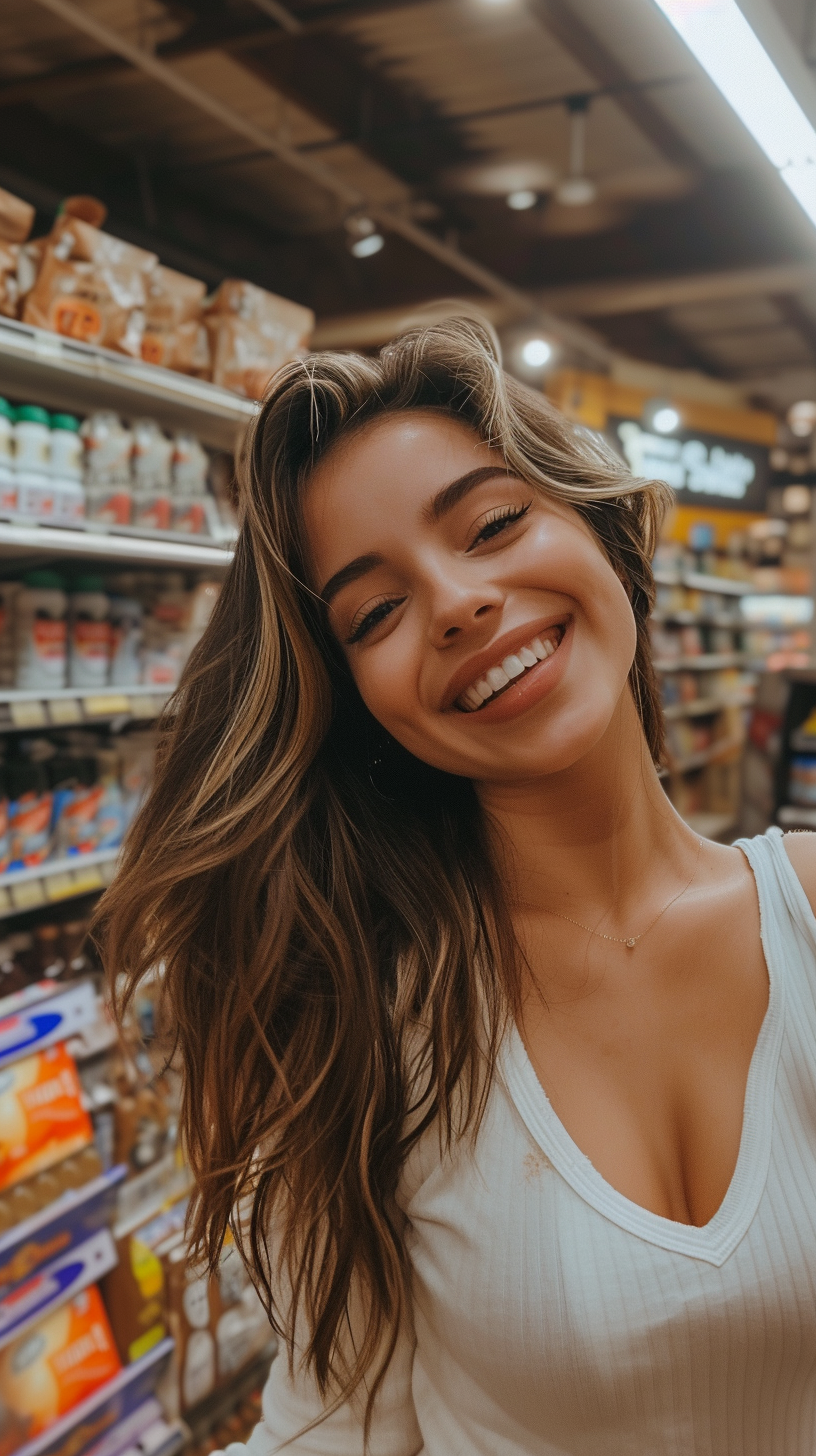 A smiling girl in a grocery store | Source: Midjourney