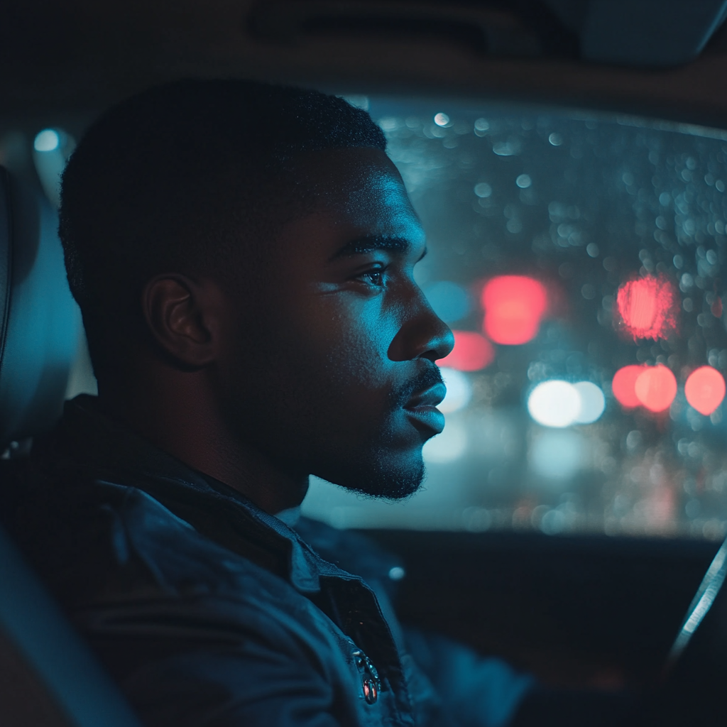 Black man driving in the night | Source: Midjourney