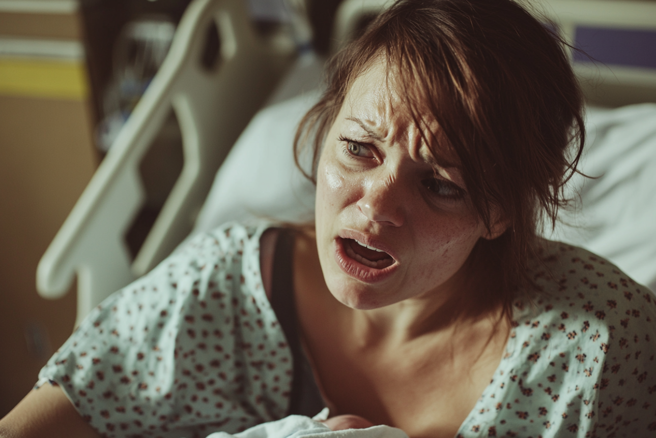 A stunned woman in a hospital bed | Source: Midjourney