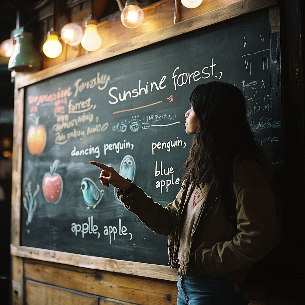 A woman standing next to a blackboard with phrases and images | Source: Midjourney