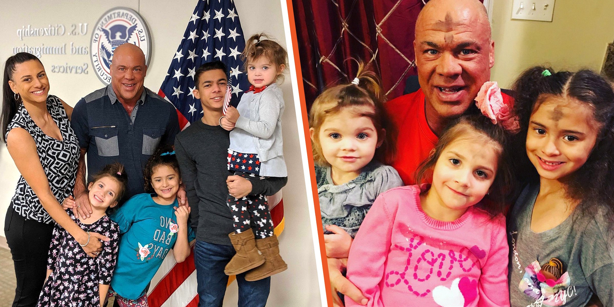 Giovanna Yannotti and Kurt Angle with their children | Kurt Angle and his youngest three daughters. | Source: instagram.com/therealkurtangle