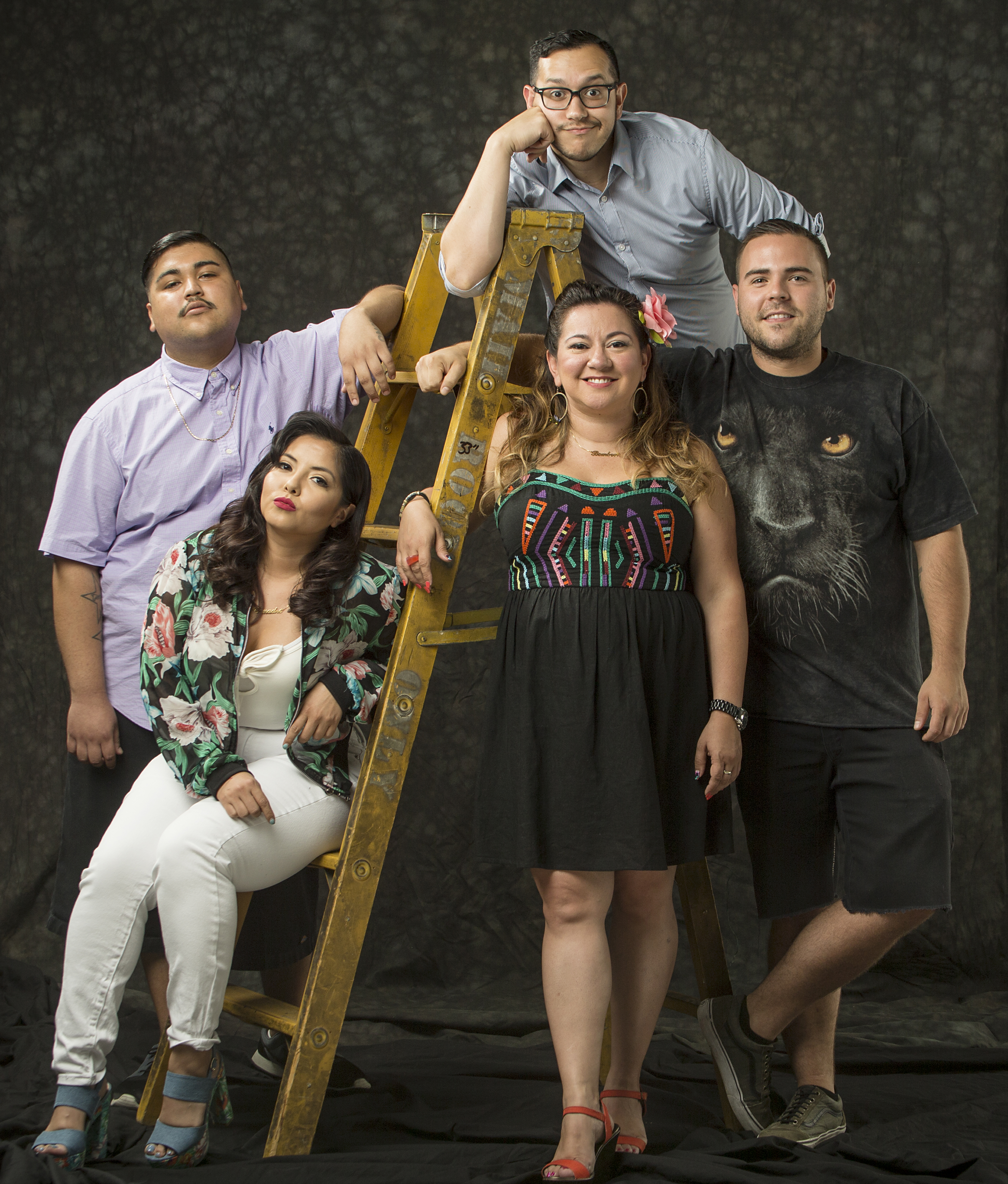 Svani Quintanilla (left) poses for a portrait with fellow DJ group Bombon, including Bobby Hinojosa, Alejandro Nava, Gracie Chavez, and Melissa Gomez, on July 23, 2015, in Houston, Texas. | Source: Getty Images