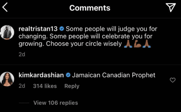 Kim Kardashian's comment on Tristan Thompson's Instagram post, August 2021 | Source: Instagram/realtristan13