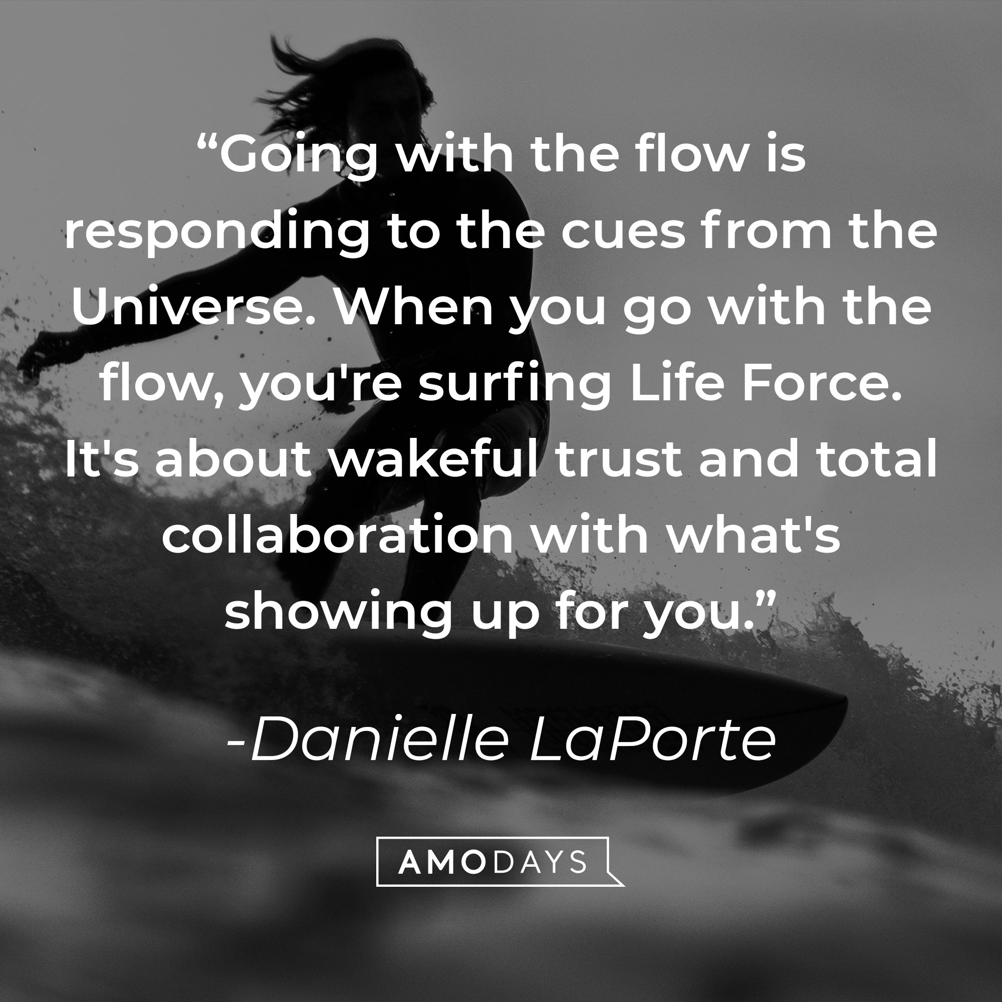 Danielle LaPorte's quote: "Going with the flow is responding to the cues from the Universe. When you go with the flow, you're surfing Life Force. It's about wakeful trust and total collaboration with what's showing up for you." | Image: AmoDays