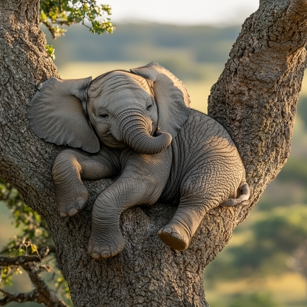 A baby elephant sitting in a tree | Source: Midjourney