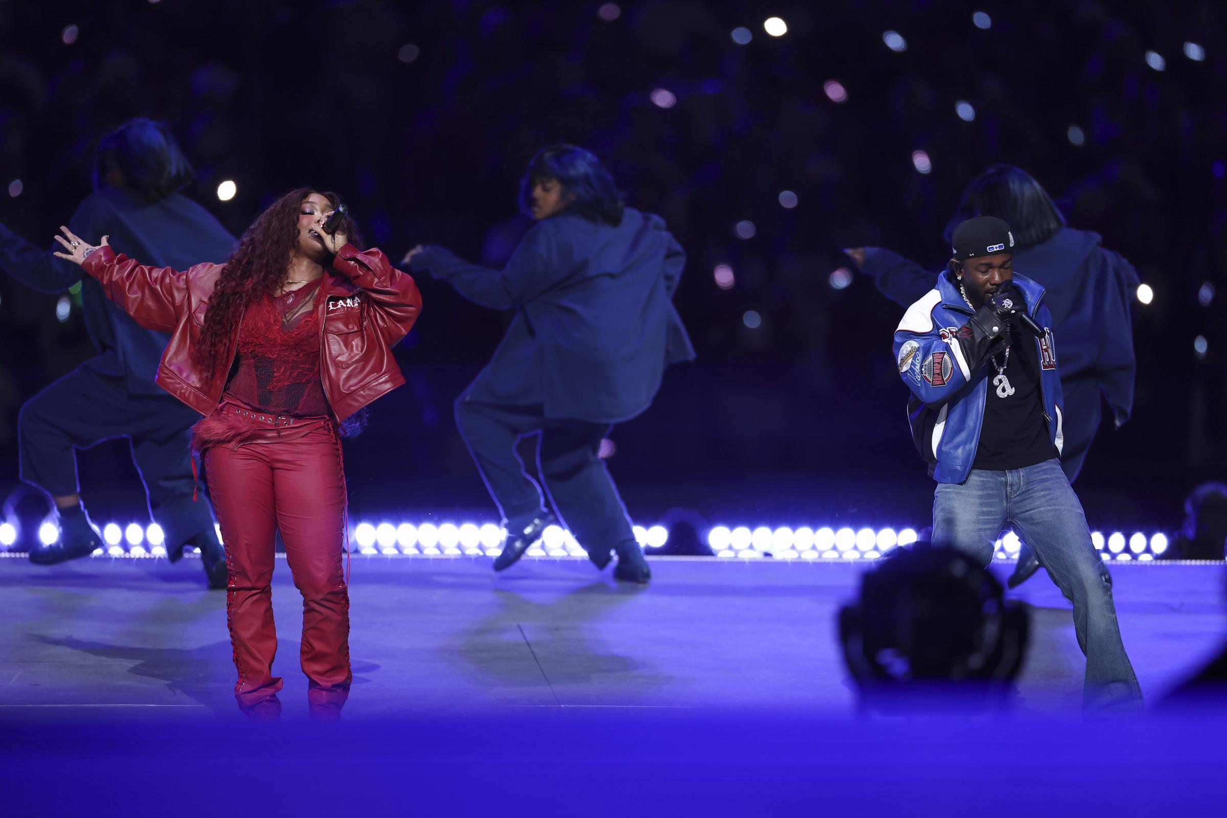 SZA and Kendrick Lamar performing during the Super Bowl LIX Halftime Show at Caesars Superdome on February 9, 2025, in New Orleans, Louisiana. | Source: Getty Images