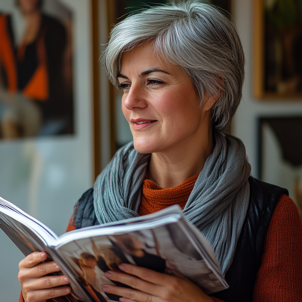 A happy woman looking through a fashion magazine | Source: Midjourney