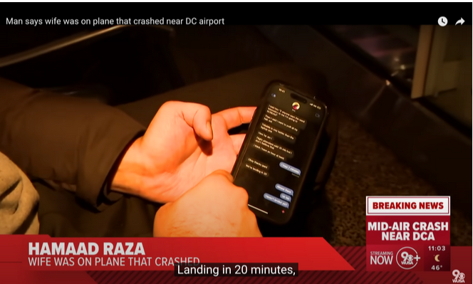 Hamaad Raza shows the last text message he got from his wife before the crash. | Source: Youtube/@WUSA9news