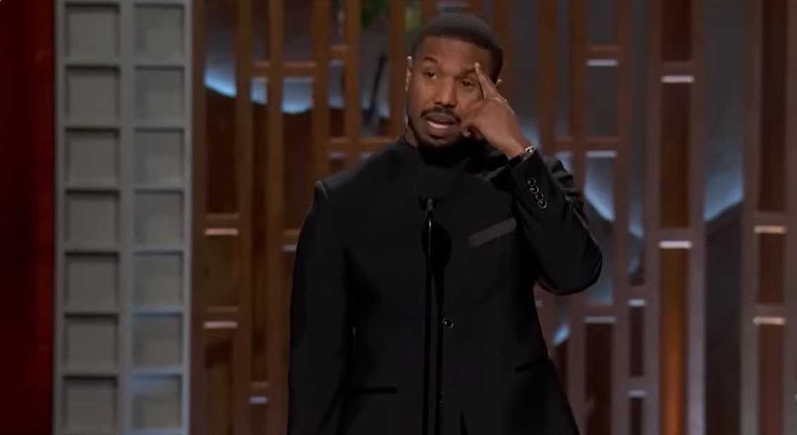 During his acceptance speech, Michael B. Jordan acknowledges his family in the audience while thanking Warner Bros and his co-stars in "Sinners." | Source: YouTube/ABCNews