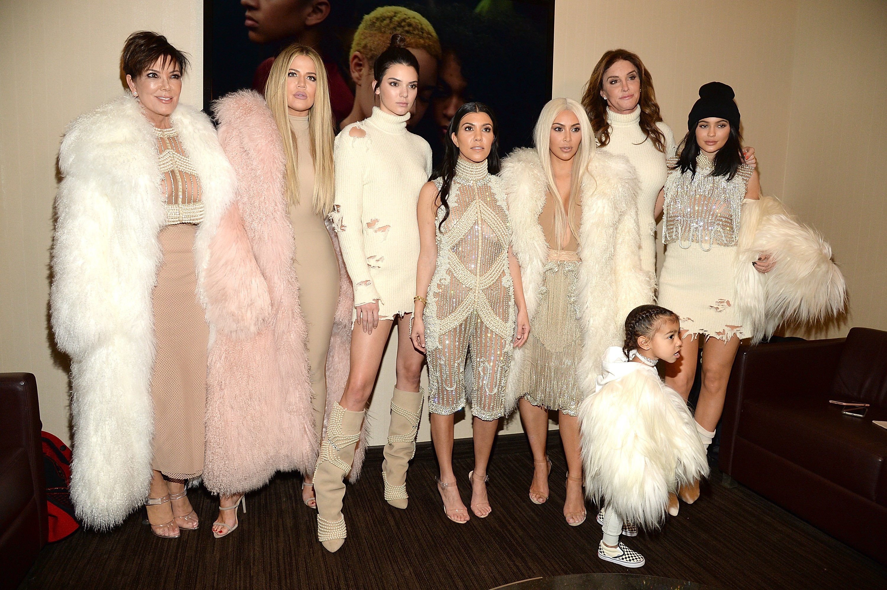 Khloe Kardashian, Kris Jenner, Kendall Jenner, Kourtney Kardashian, Kim Kardashian West, North West, Caitlyn Jenner, and Kylie Jenner at the Kanye West Yeezy Season 3 show at Madison Square Garden on February 11, 2016 in New York City.|Source: Getty Images