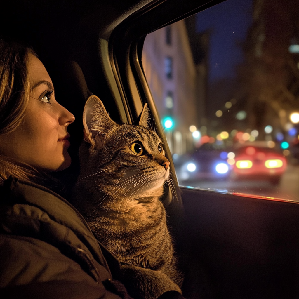 A woman and her cat in a car | Source: Midjourney