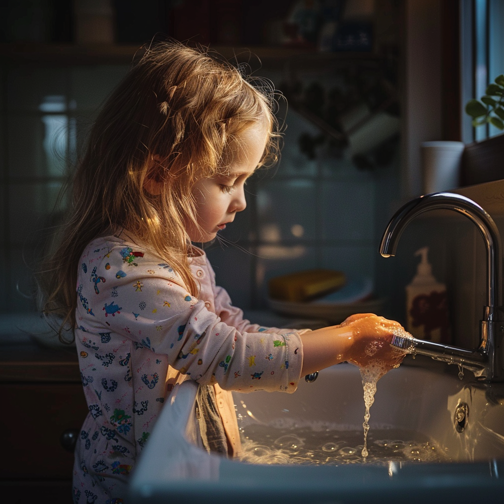 A little girl washing her hands | Source: Midjourney