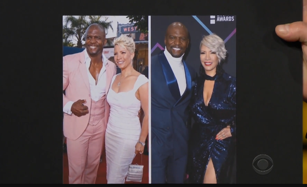 Side-by-side photos of Terry Crews and Rebecca King-Crews, held by James Corden during an episode of The Late Late Show, from a video dated January 16, 2019 | Source: YouTube/TheLateLateShow