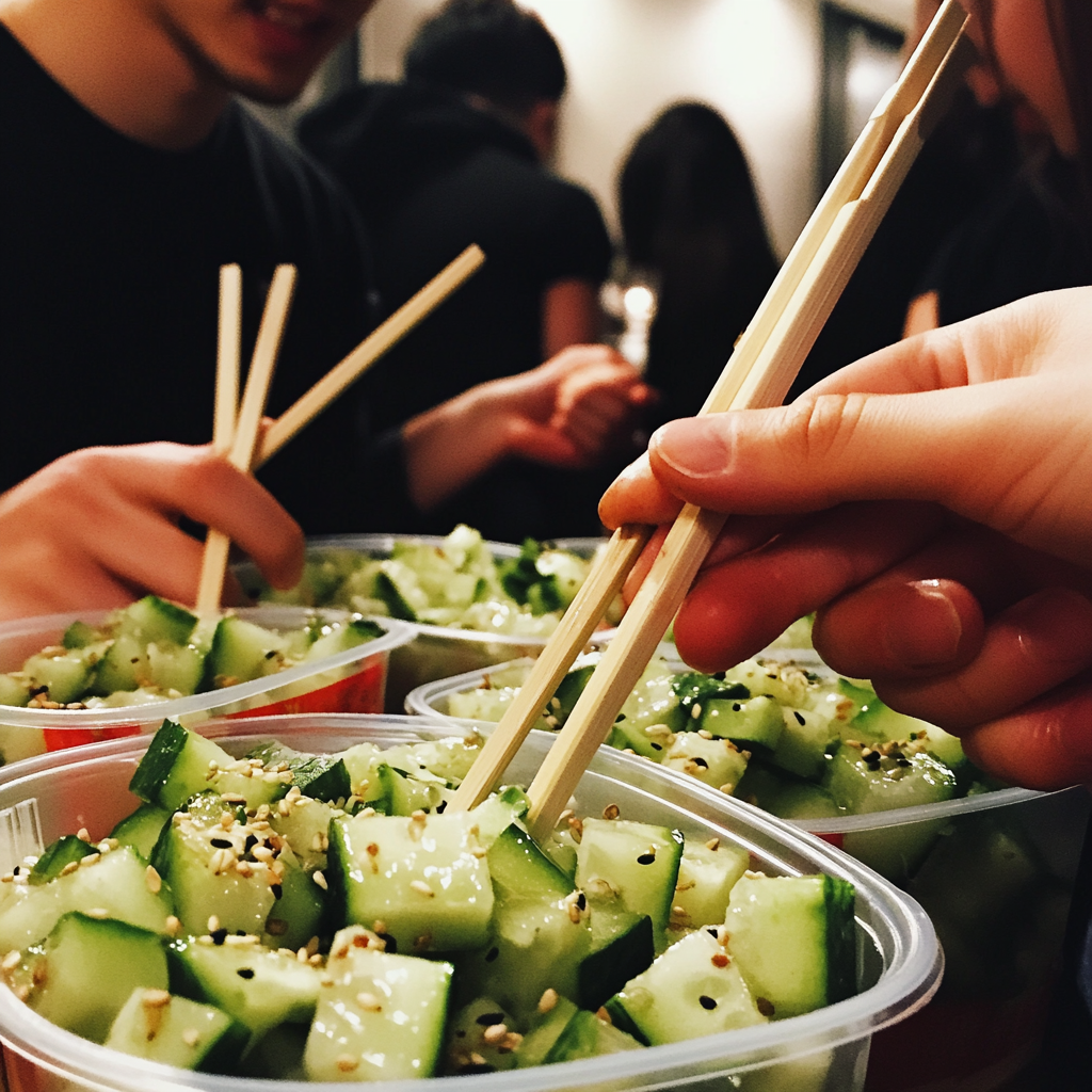 People eating cucumber salad with chopsticks | Source: Midjourney