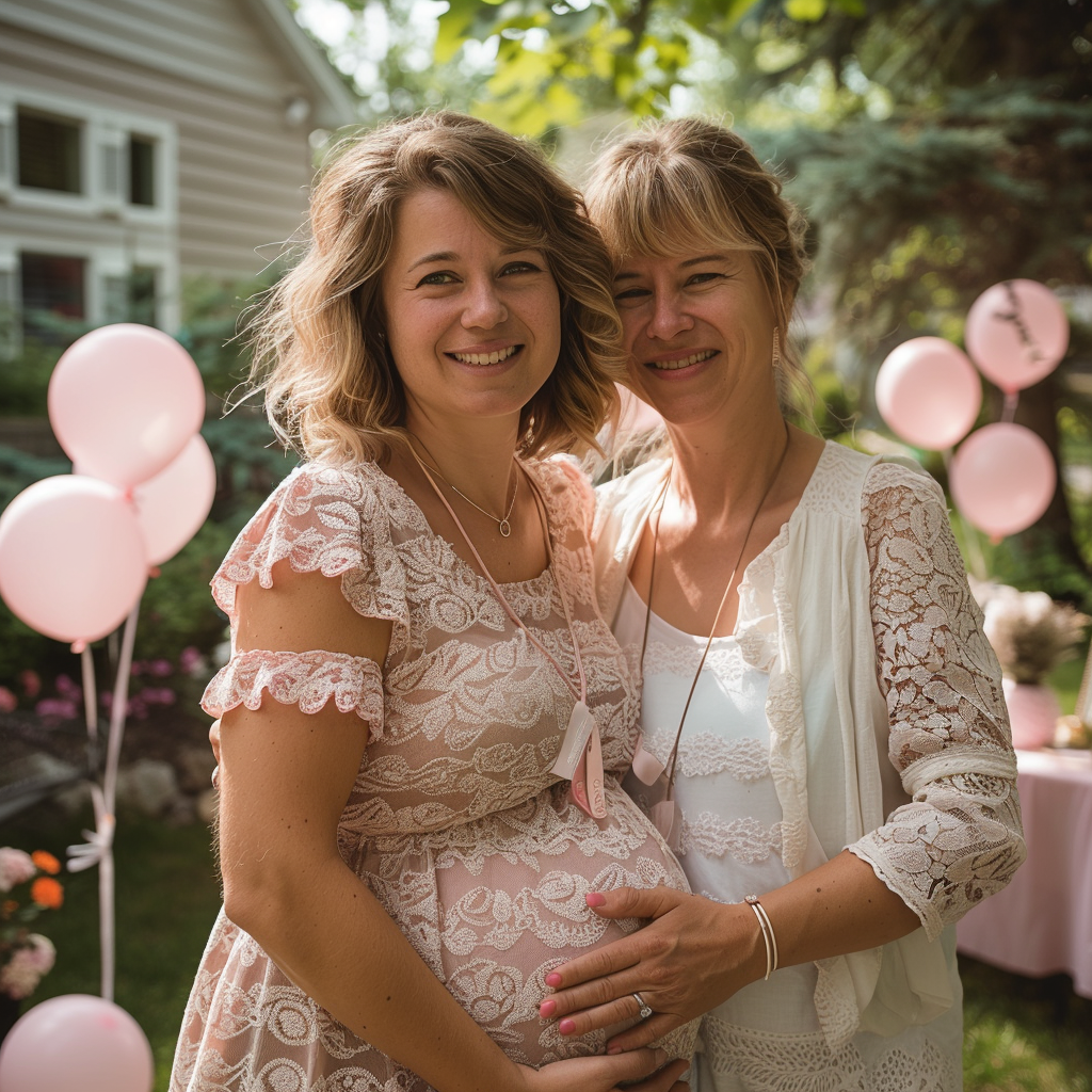 A mother hugs her pregnant daughter at a gender reveal party | Source: Midjourney