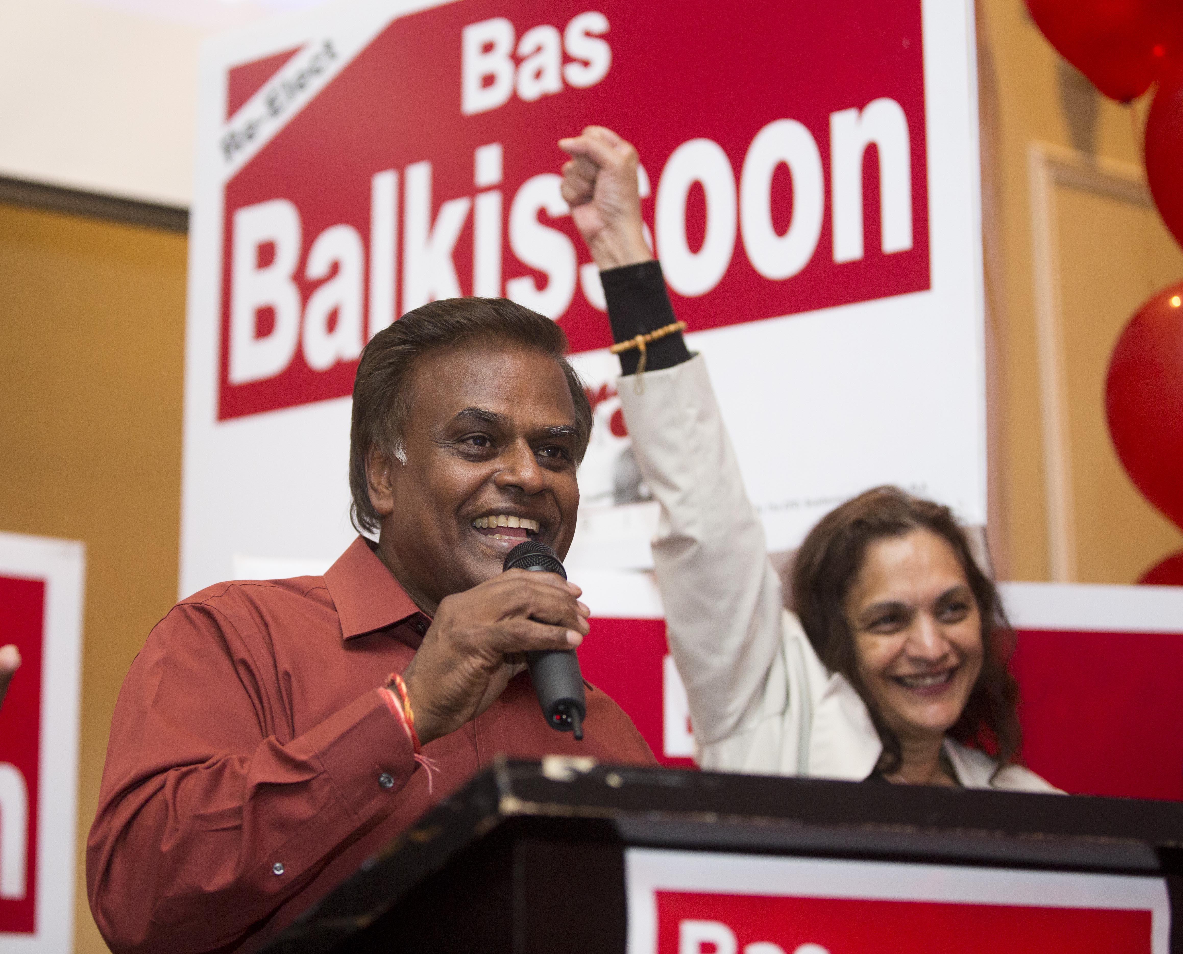 Bas Balkissoon celebrates his re-election at the Scarborough Convention Centre following the Ontario Provincial Election in 2014. | Source: Getty Images