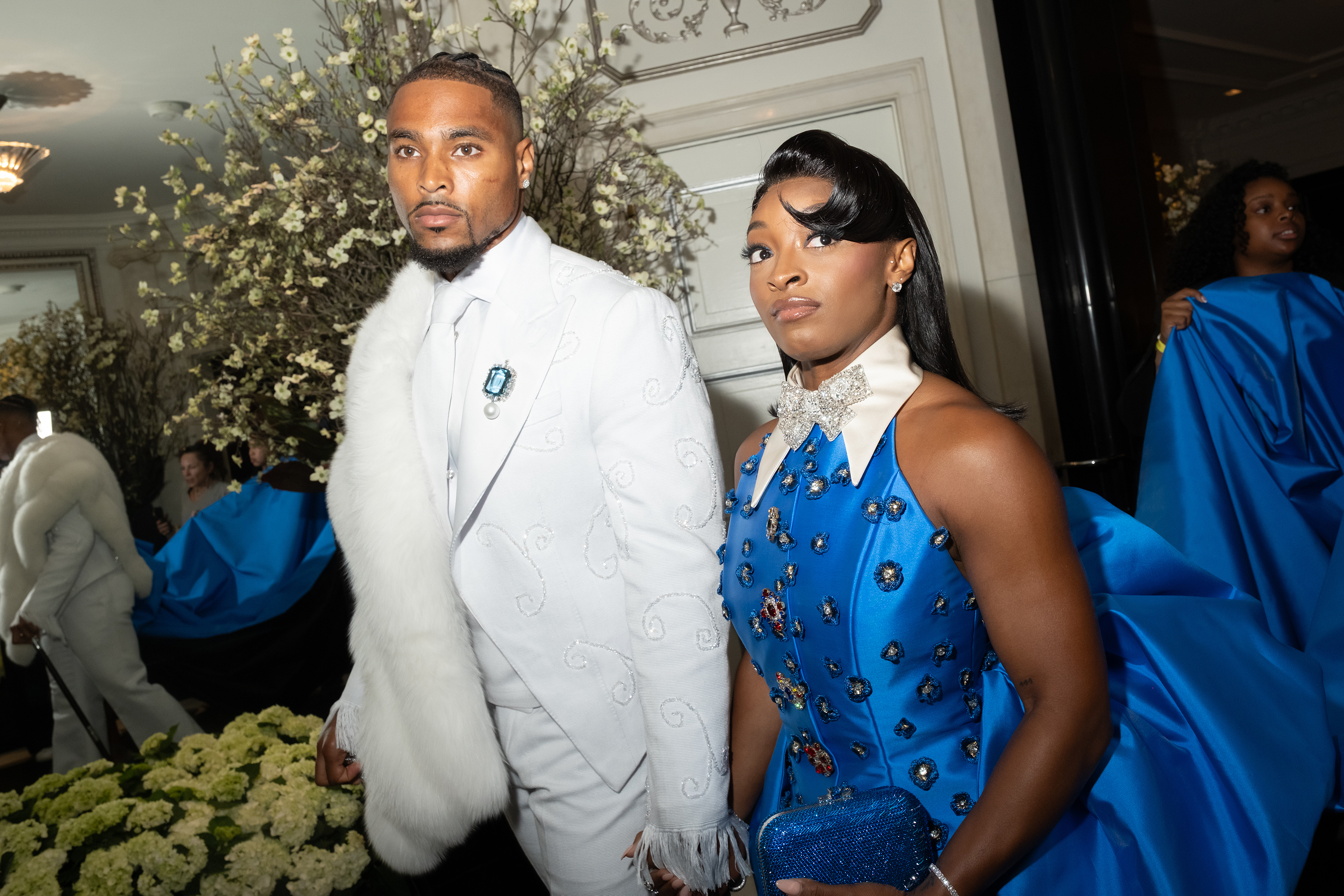 Jonathan Owens and Simone Biles pictured before the 2025 Met Gala: "Superfine: Tailoring Black Style" on May 5, 2025, in New York. | Source: Getty Images