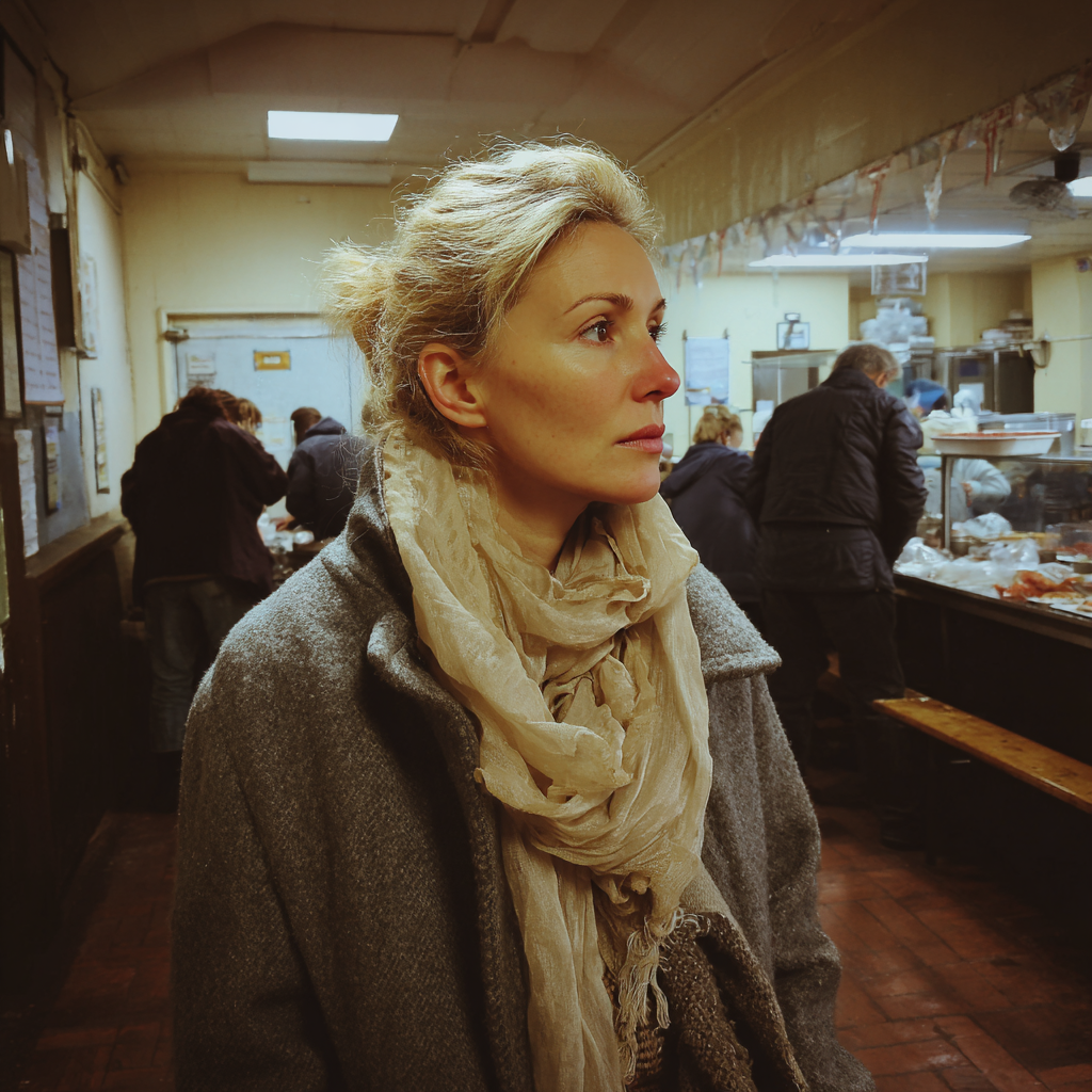 A side-view of a woman wearing a gray coat and scarf | Source: Midjourney