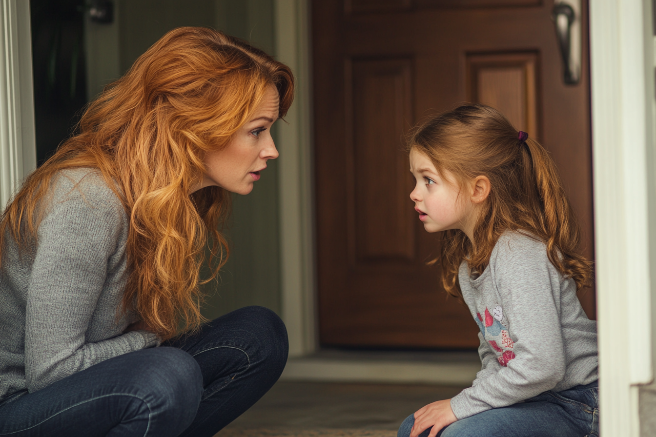 A woman speaking to a distressed girl | Source: Midjourney