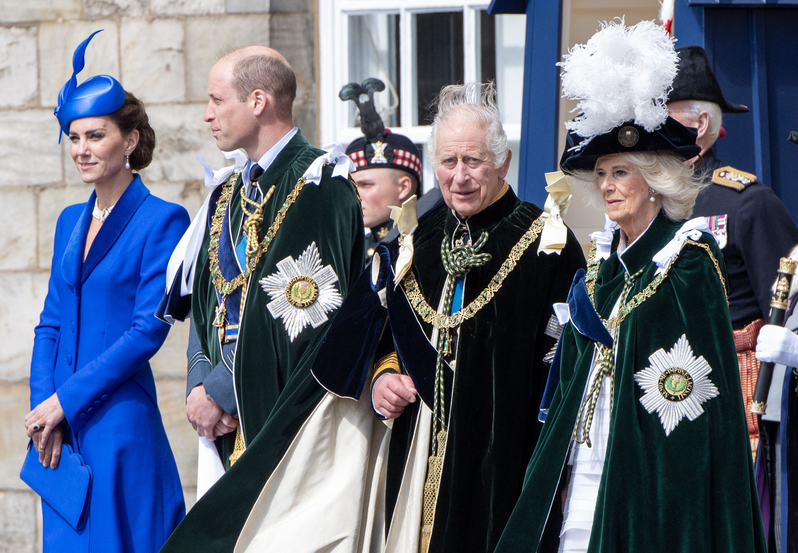 Catherine, Princess of Wales, Prince William, Prince of Wales, King Charles III, and Queen Camilla depart a national service of thanksgiving and dedication to the coronation of King Charles III and Queen Camilla in Edinburgh, Scotland, on July 5, 2023 | Source: Getty Images