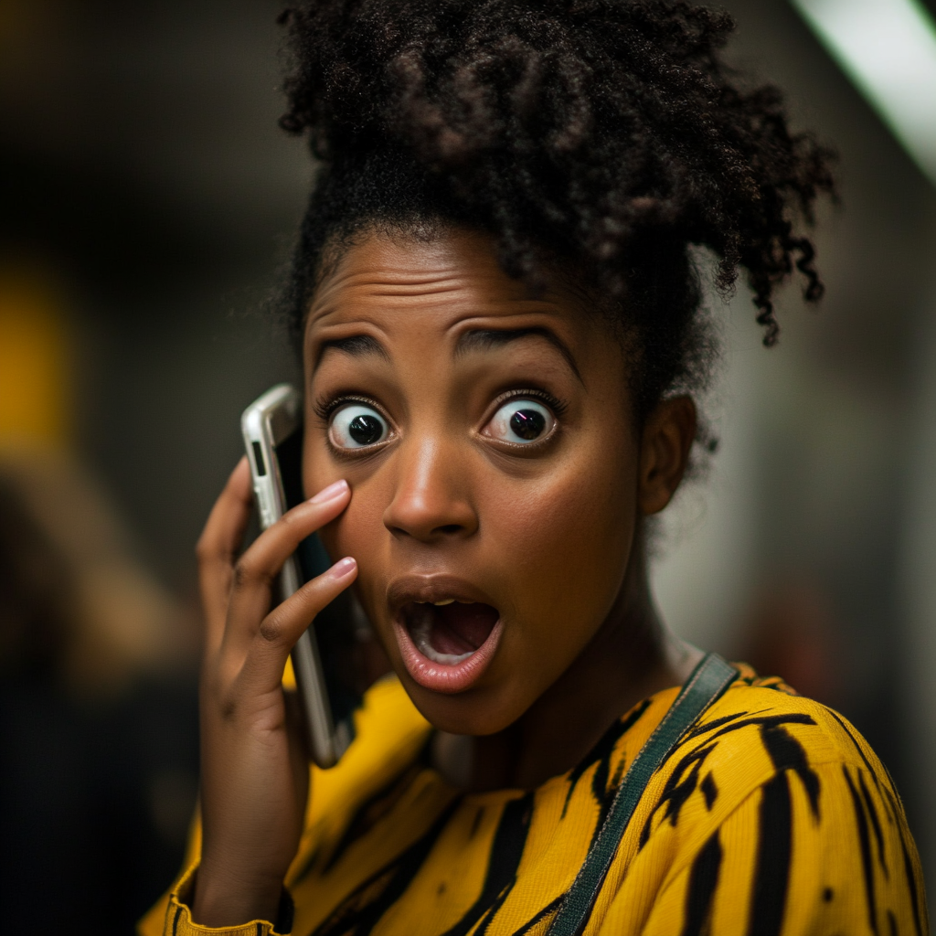 A shocked woman talking on the phone | Source: Midjourney