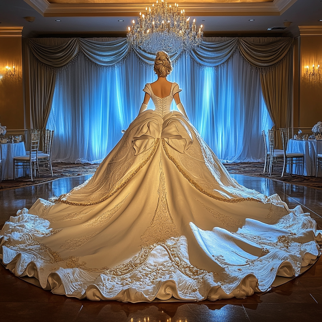 Rear shot of a life-size princess cake in a party hall | Source: Midjourney