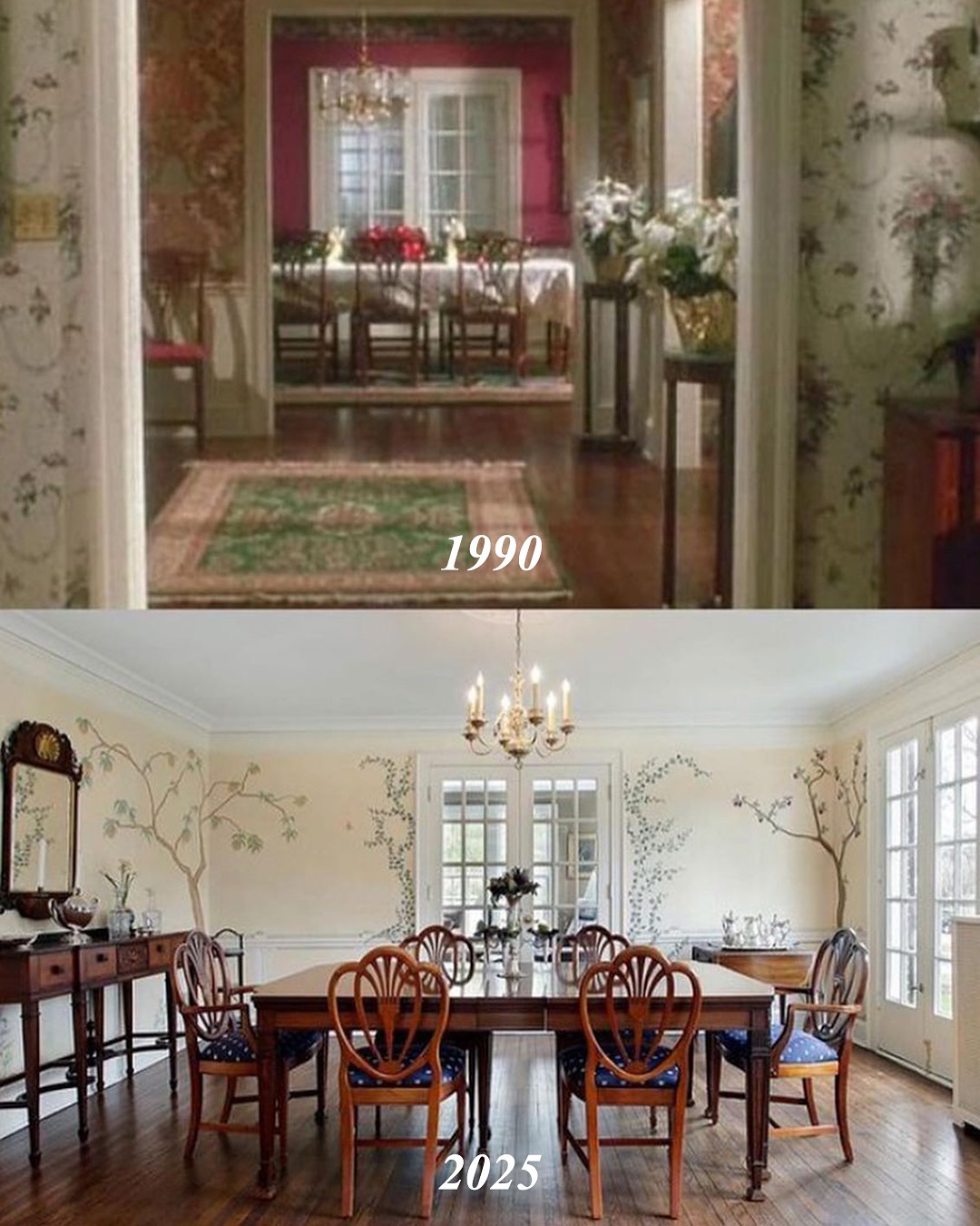 The dining room once steeped in holiday formality now glows with timeless grace — hand-painted walls, vintage touches, and natural light offer a quiet evolution from its cinematic roots. | Source: Instagram/kjp