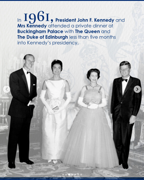 The Duke of Edinburgh and Queen Elizabeth II hosting former President John F. Kennedy and former First Lady Jacqueline Kennedy. | Source: Instagram/theroyalfamily