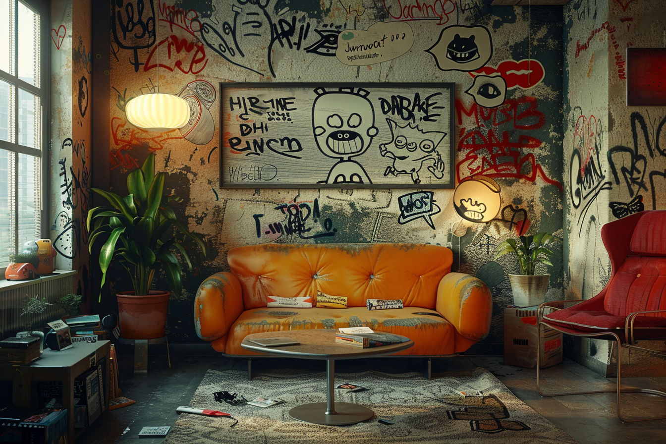 Funny-looking cartoonish wallpaper plastered on living room wall | Source: Midjourney