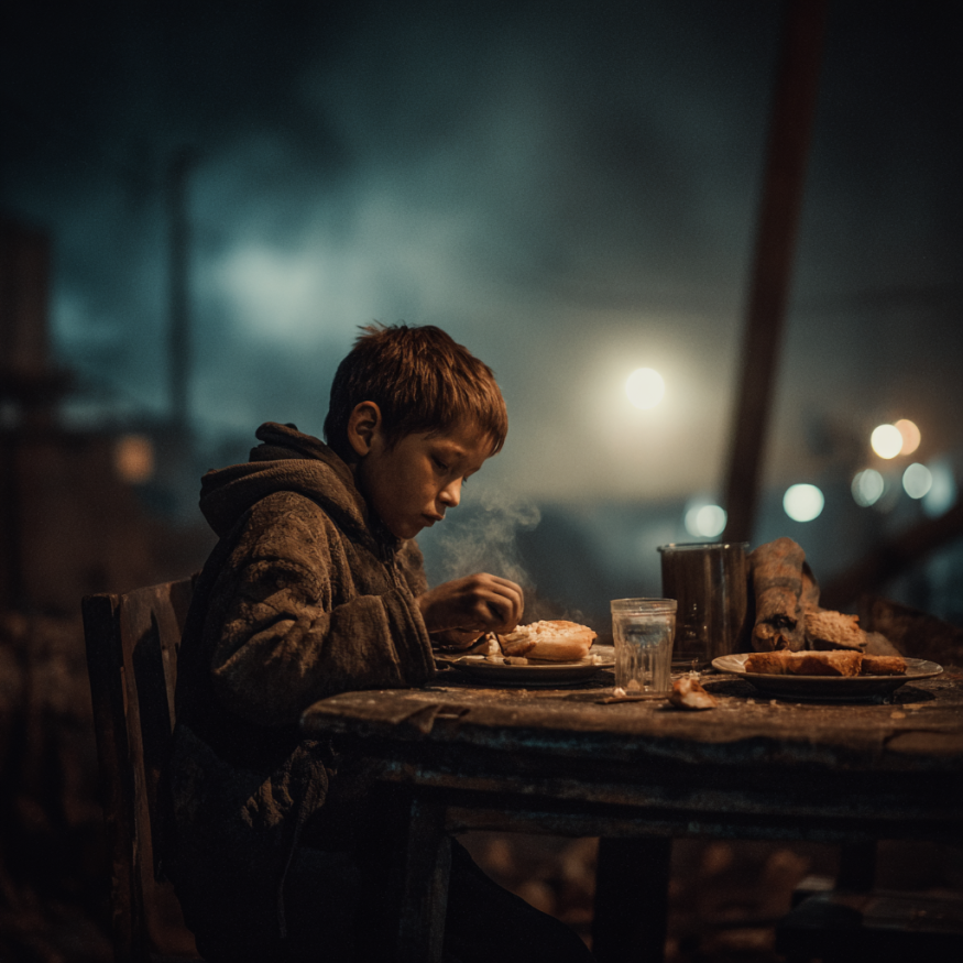 A homeless boy eating a meal | Source: Midjourney