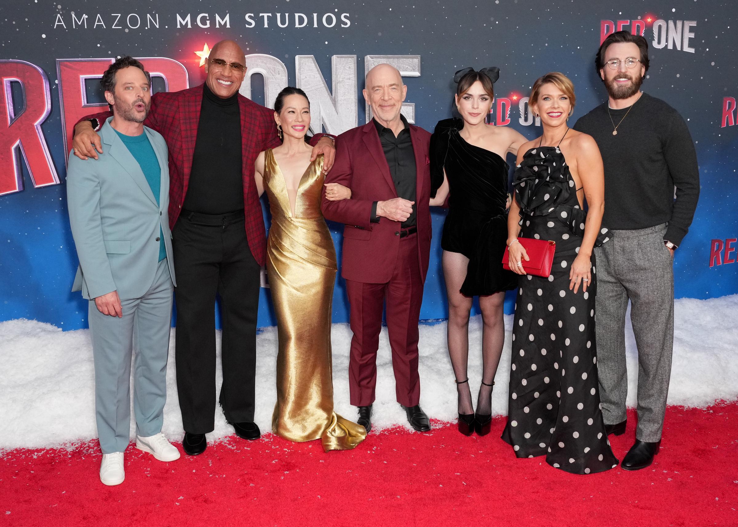 Nick Kroll, Dwayne Johnson, Lucy Liu, J. K. Simmons, Kiernan Shipka, Mary Elizabeth Ellis, Chris Evans on November 11, 2024, in New York | Source: Getty Images