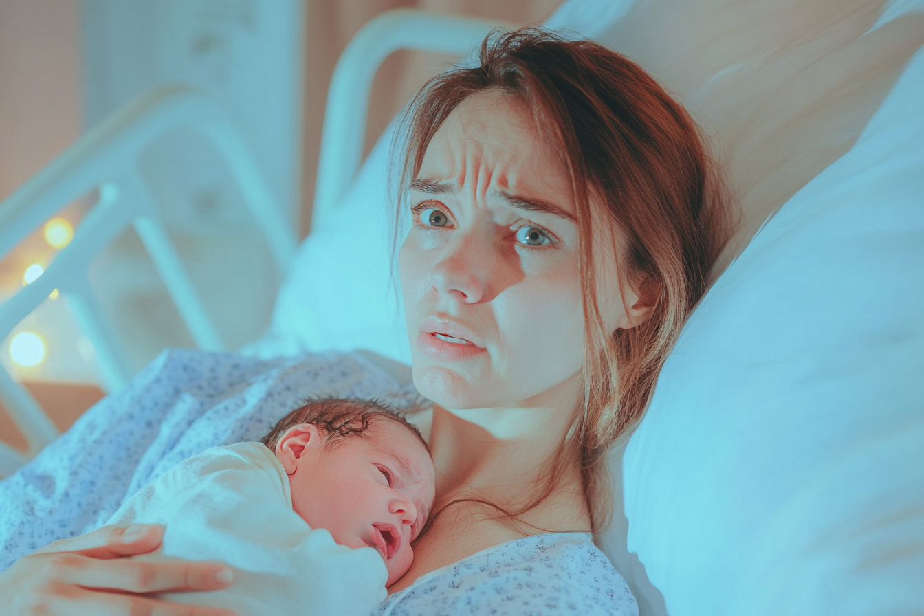 A worried woman holding her newborn son | Source: Midjourney