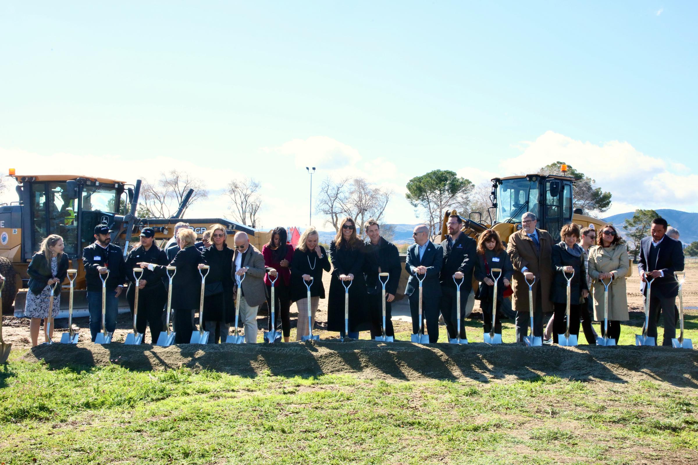 Sibi Blazic, Christian Bale, and City Council members at Together California's Foster Care Center Ground Breaking event on February 7, 2024, in Palmdale. | Source: Getty Images
