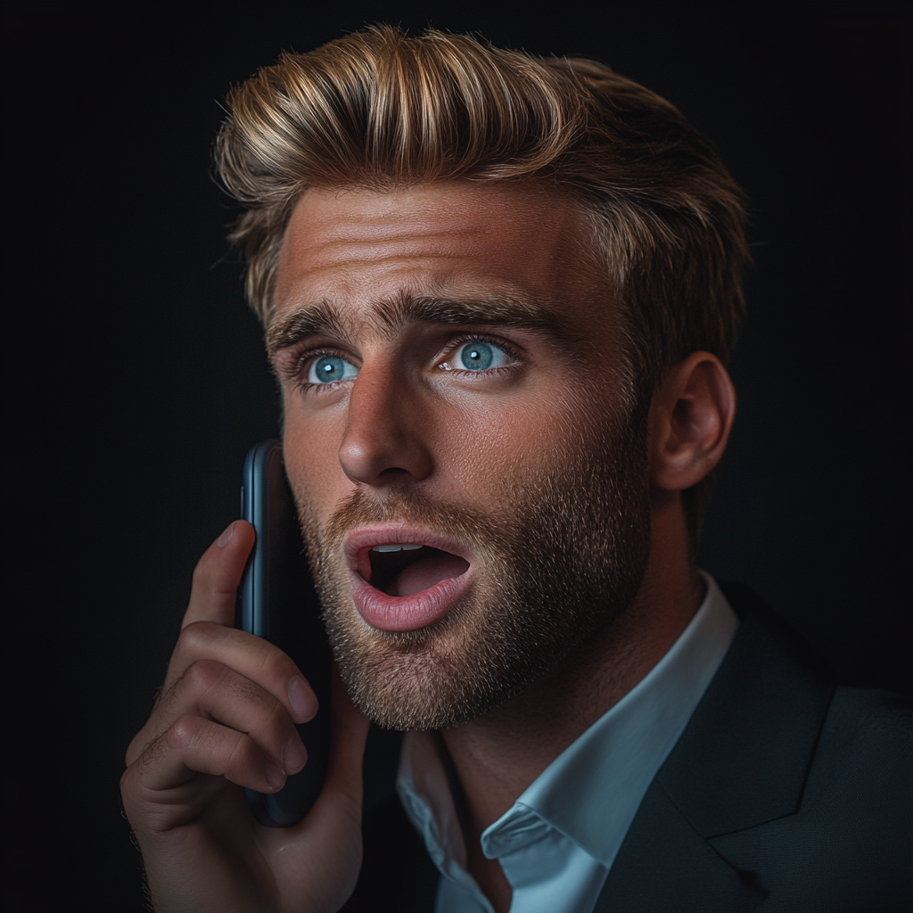 A startled man talking on the phone | Source: Midjourney