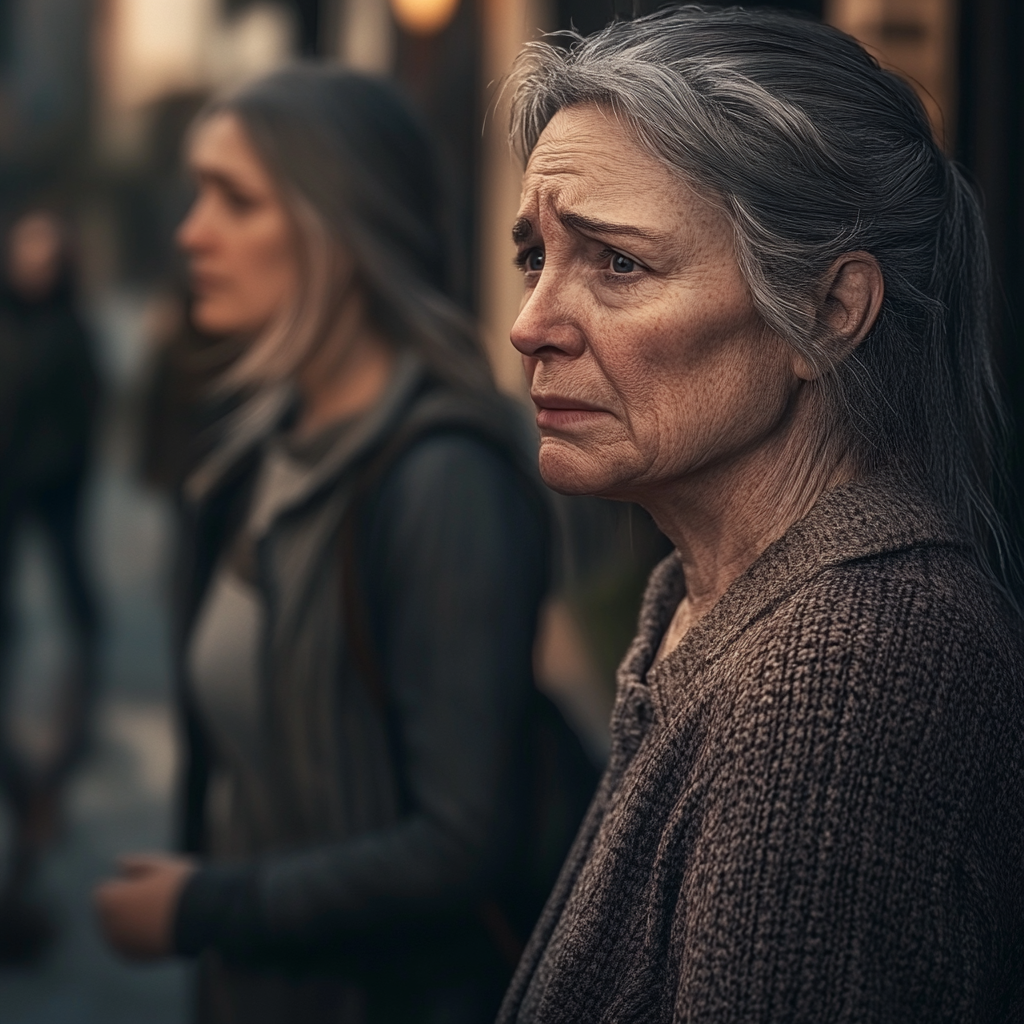 A mature woman crying as her family leaves | Source: Midjourney