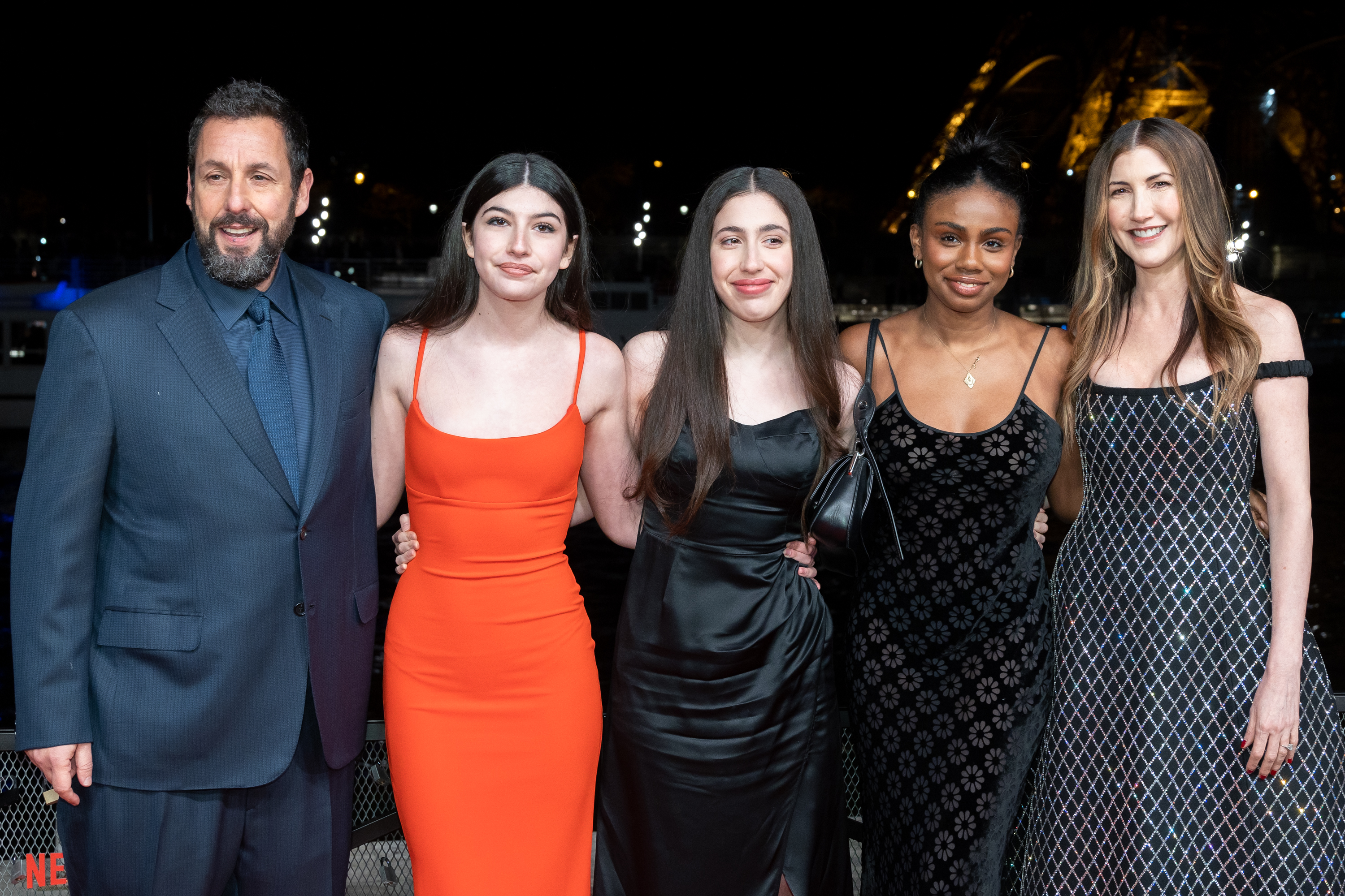 Adam, Sunny, Sadie, guest, and Jackie Sandler at the "Murder Mystery 2" photocall in Paris on March 16, 2023. | Source: Getty Images