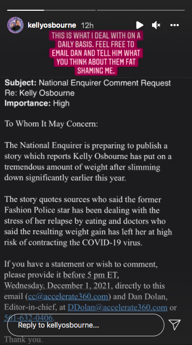 A screengrab from actress Kelly Osbourne showing an email she recieved from the tabloid ┃Source: Instagram@kellyosbourne
