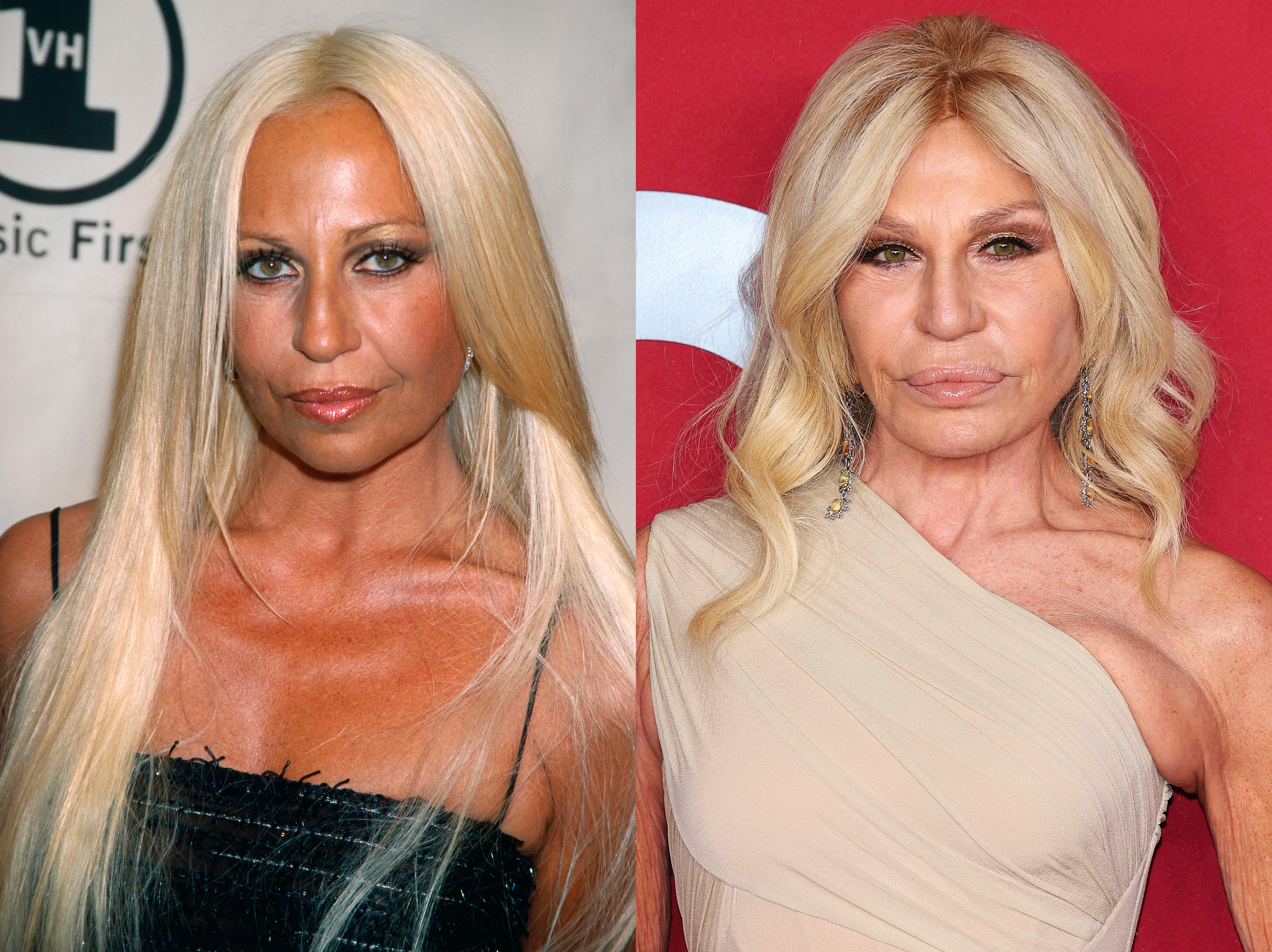 Donatella Versace in 1999 vs 2023 | Source: Getty Images