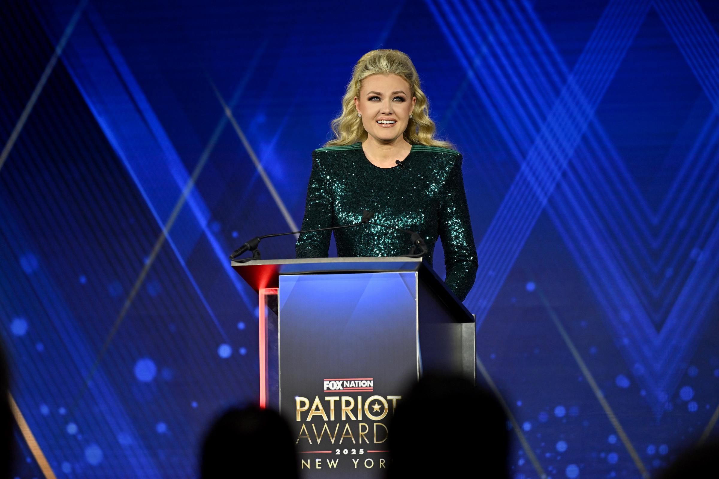 Erika Kirk accepts the inaugural Charlie Kirk Legacy Award onstage during the 2025 Fox Nation Patriot Awards at Tilles Center for the Performing Arts | Source: Getty Images