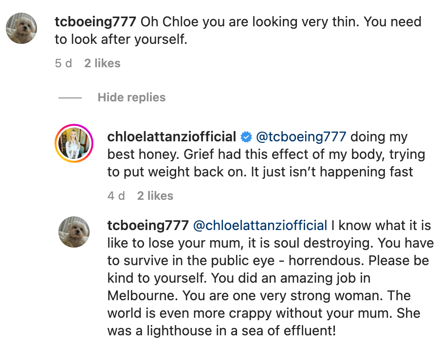 Comments under Chloe Lattanzi's post from March 9, 2023. | Source: Instagram.com/chloelattanziofficial