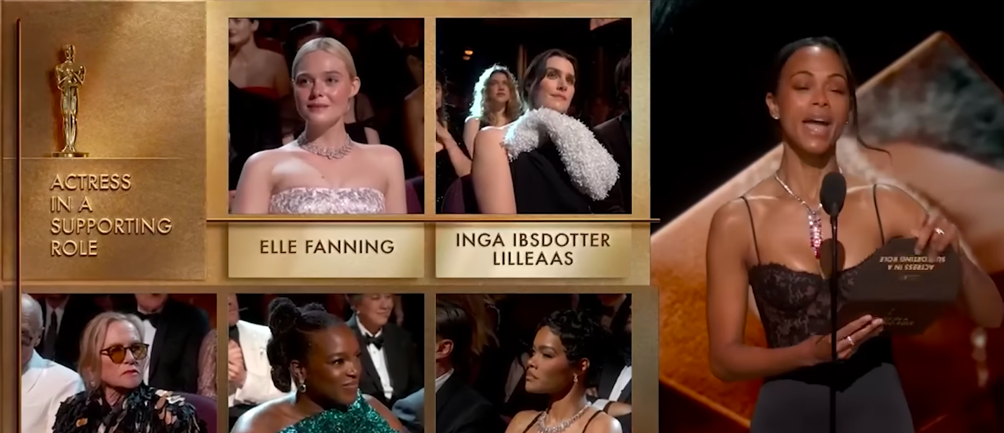 The Best Supporting Actress nominees appear on screen as Zoe Saldaña prepares to reveal the winner, posted in March 2026. | Source: YouTube/ABCNews