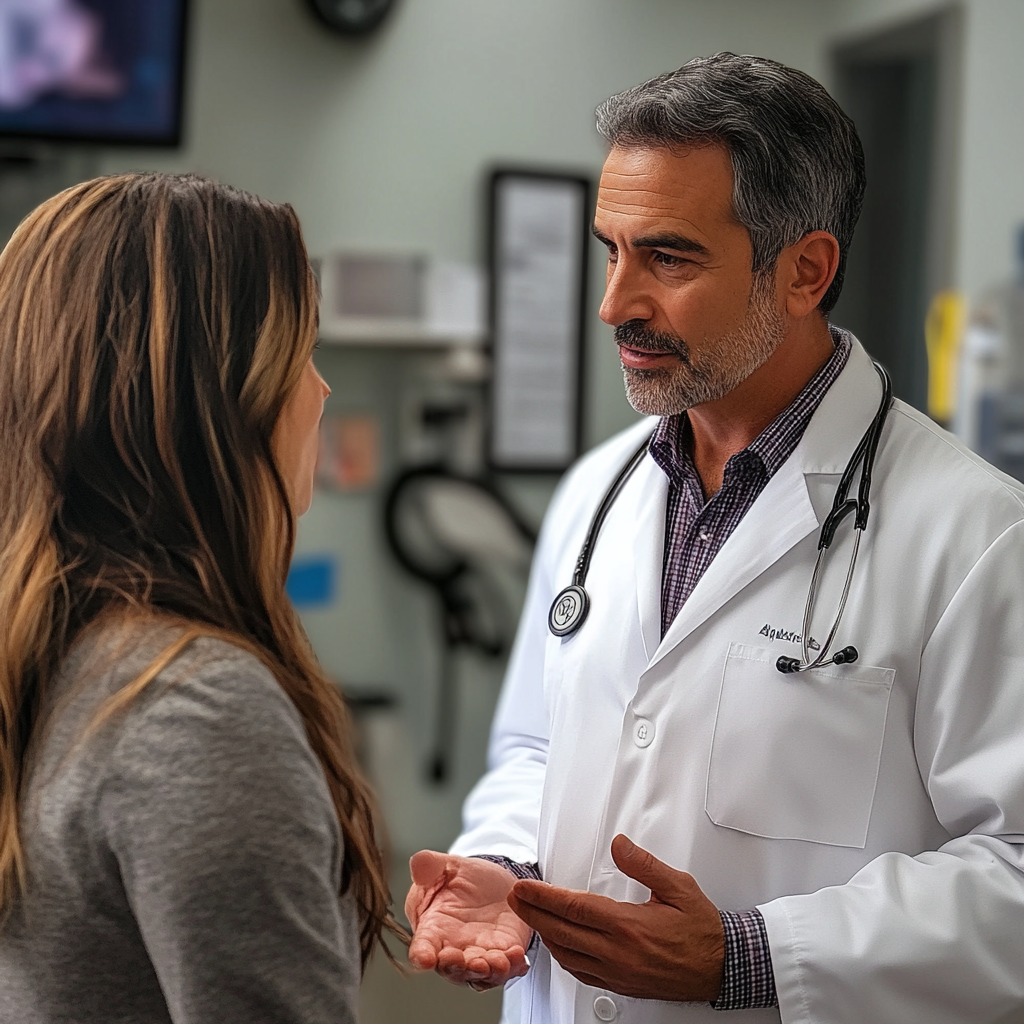 Veterinary doctor having a conversation with his sister in his office | Source: Midjourney