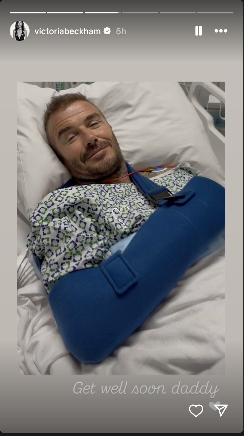 David Beckham lying in a hospital bed with his arm in a sling, posted via Instagram Stories in June 2025. | Source: Instagram/victoriabeckham