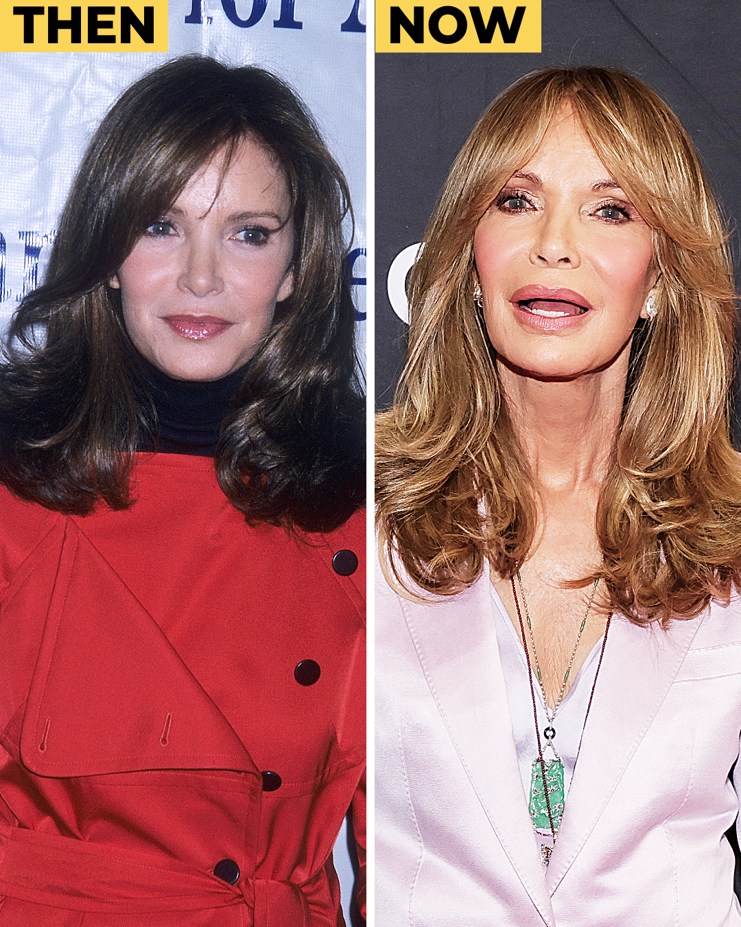 A side-by-side image shows Jaclyn Smith then and now, contrasting her early career look with her modern appearance, underscoring her enduring presence across decades in Hollywood.