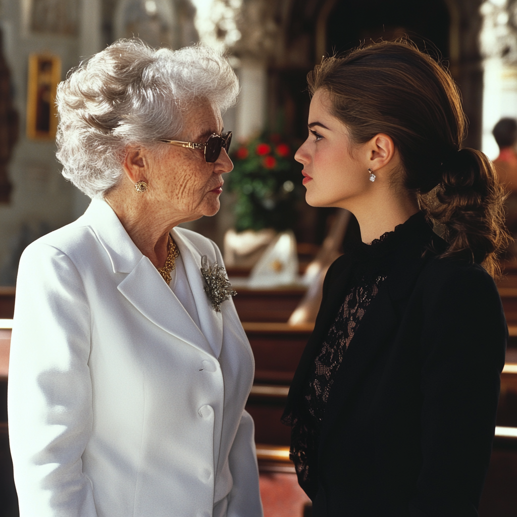 Senior woman and young lady talking at a funeral | Source: Midjourney